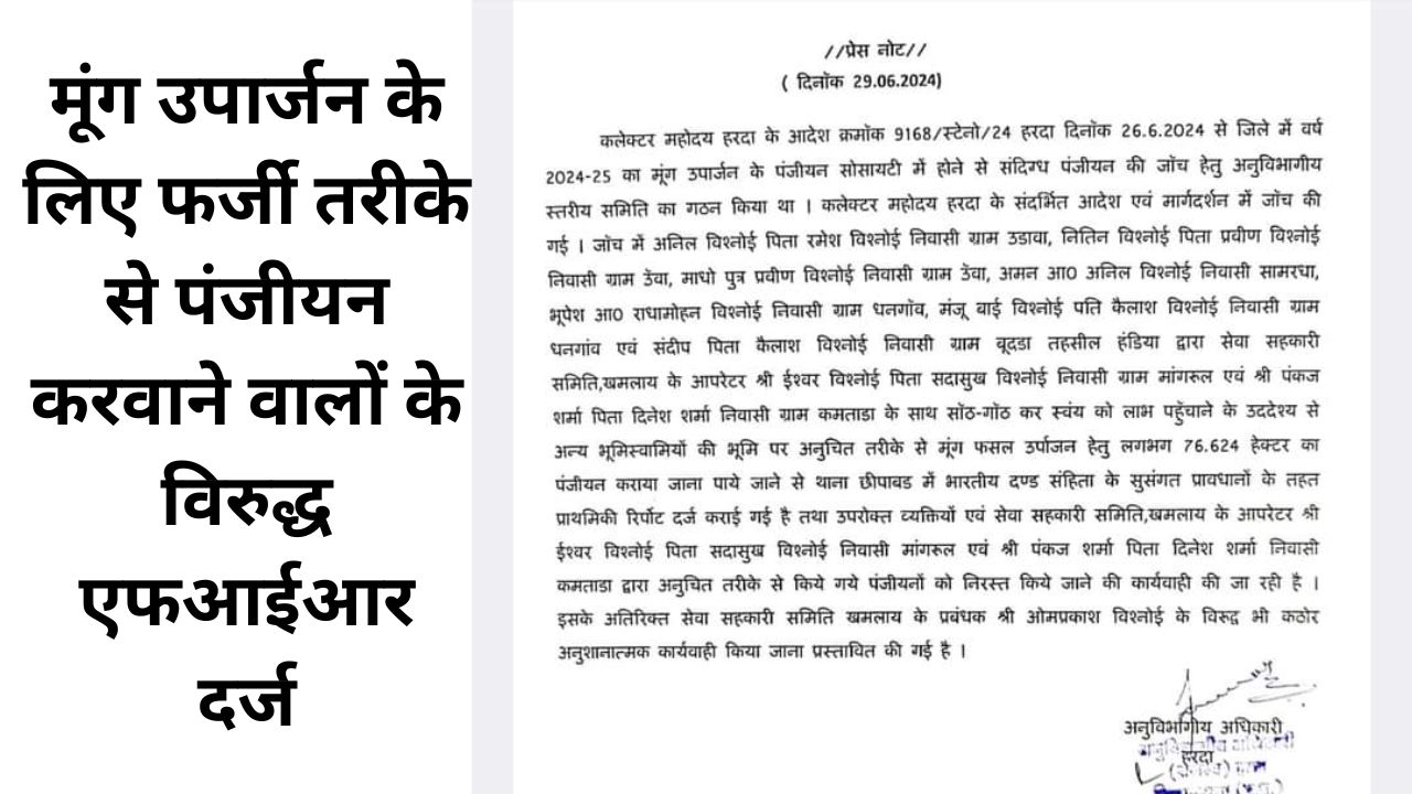 Harda: मूंग उपार्जन के लिए फर्जी तरीके से पंजीयन करवाने वालों के विरुद्ध एफआईआर दर्ज